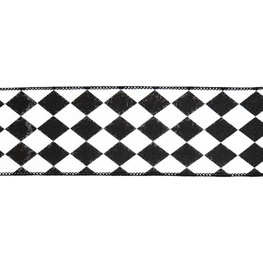 2.5" x 6.6yd. Black & White Diamond Wired Faux Linen Ribbon by Celebrate It®